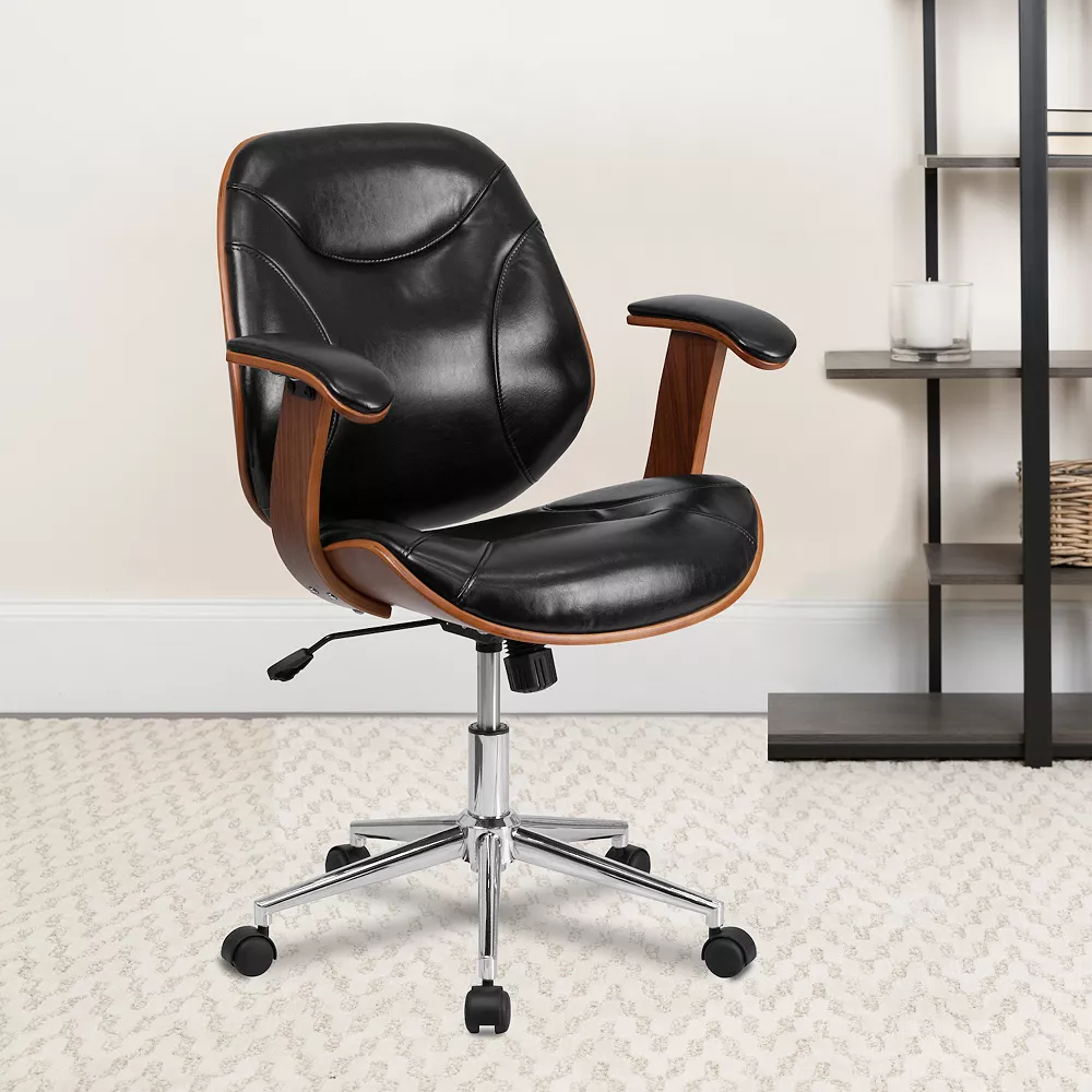 Emma And Oliver Mid-Back Black LeatherSoft Executive Ergonomic Wood Swivel Office Chair - Arms 4 Emma And Oliver Mid-Back Black LeatherSoft Executive Ergonomic Wood Swivel Office Chair - Arms - Image 2