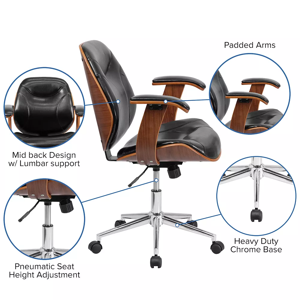 Emma And Oliver Mid-Back Black LeatherSoft Executive Ergonomic Wood Swivel Office Chair - Arms 5 Emma And Oliver Mid-Back Black LeatherSoft Executive Ergonomic Wood Swivel Office Chair - Arms - Image 3