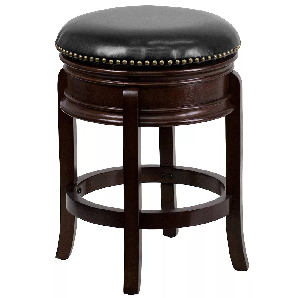 Emma And Oliver 24"H Backless Cappuccino Wood Swivel Counter Stool - Carved Apron 3 Emma And Oliver 24"H Backless Cappuccino Wood Swivel Counter Stool - Carved Apron