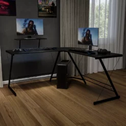Emma And Oliver L-Shaped Computer Black Desk, Gaming Desk, Home Office Desk, Black Frame -Home furnishings 5979238 ALT