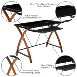 Emma And Oliver Clear Glass Computer Desk-White Pull-Out Keyboard Tray & White Crisscross Frame -Home furnishings 5979292 ALT2