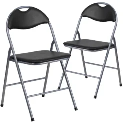 Emma And Oliver 2 Pack Black Vinyl Metal Folding Chair With Carrying Handle