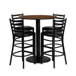 Emma And Oliver 36" Round Walnut Laminate Table Set, 4 Ladder Back Metal Barstools