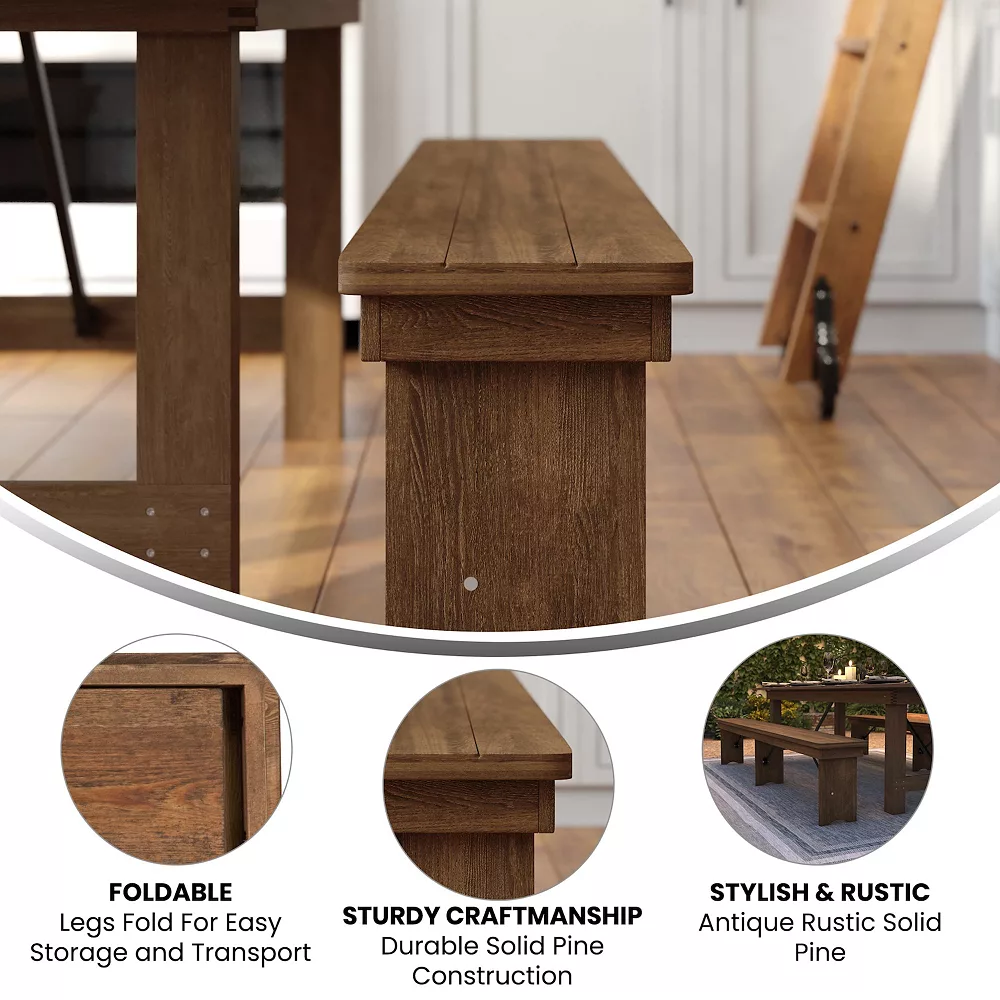 Emma And Oliver 8' X 12" Antique Rustic Solid Pine Folding Farm Bench With 3 Legs 4 Emma And Oliver 8' X 12" Antique Rustic Solid Pine Folding Farm Bench With 3 Legs - Image 2