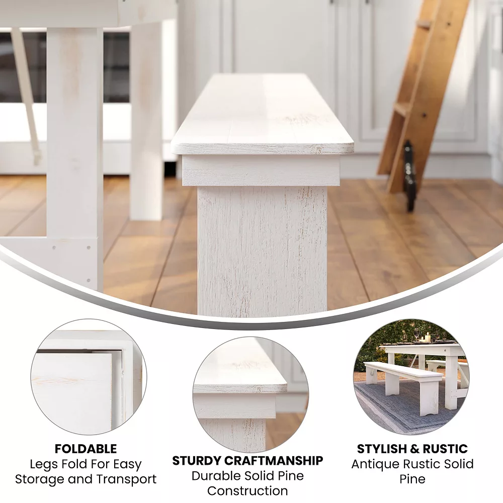 Emma And Oliver 8' X 12" Antique Rustic Solid Pine Folding Farm Bench With 3 Legs 5 Emma And Oliver 8' X 12" Antique Rustic Solid Pine Folding Farm Bench With 3 Legs - Image 3