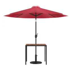 Emma And Oliver 3 Piece Patio Table Set - Synthetic Faux Teak 35" Square Dining Table With Umbrella Hole & Red Umbrella With Weighted Base