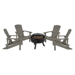 Emma And Oliver Five Piece Hartford Camping Set With Four White Faux Wood Adirondack Chairs And 29" Star And Moon Fire Pit With Mesh Cover