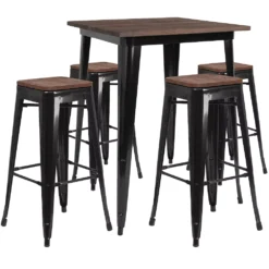 Emma And Oliver 31.5" Square Black Metal/Wood Bar Table Set - 4 Backless Stools