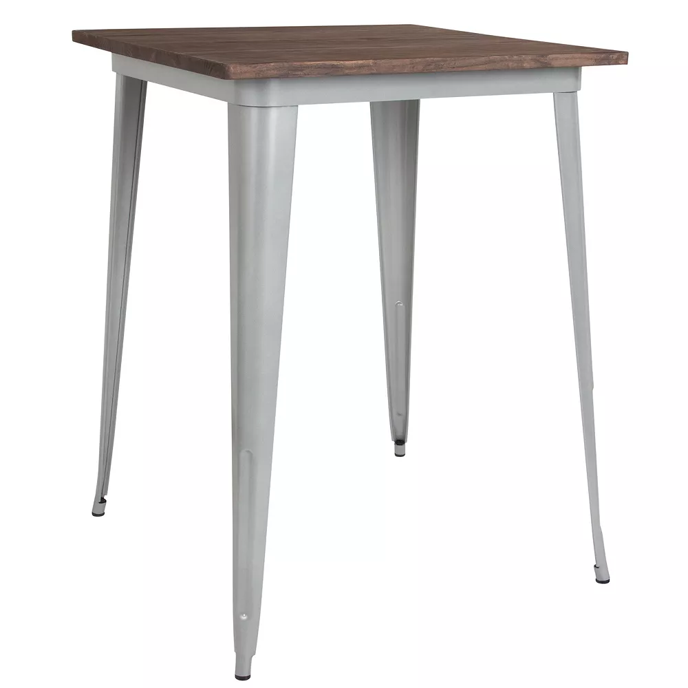 Emma And Oliver 31.5" Square Silver/Wood Metal Indoor Bar Height Table 3 Emma And Oliver 31.5" Square Silver/Wood Metal Indoor Bar Height Table