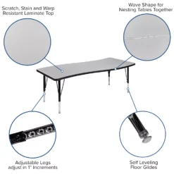 Emma And Oliver 26"W X 60"L Rectangular Wave Flexible Collaborative Grey Kids Adjustable Activity Table -Home furnishings 5980497 ALT2