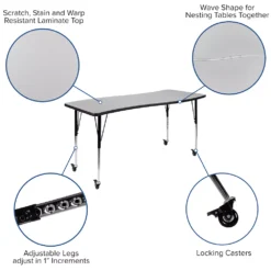 Emma And Oliver Mobile 26"W X 60"L Rectangular Wave Flexible Collaborative Grey Adjustable Activity Table -Home furnishings 5980533 ALT2