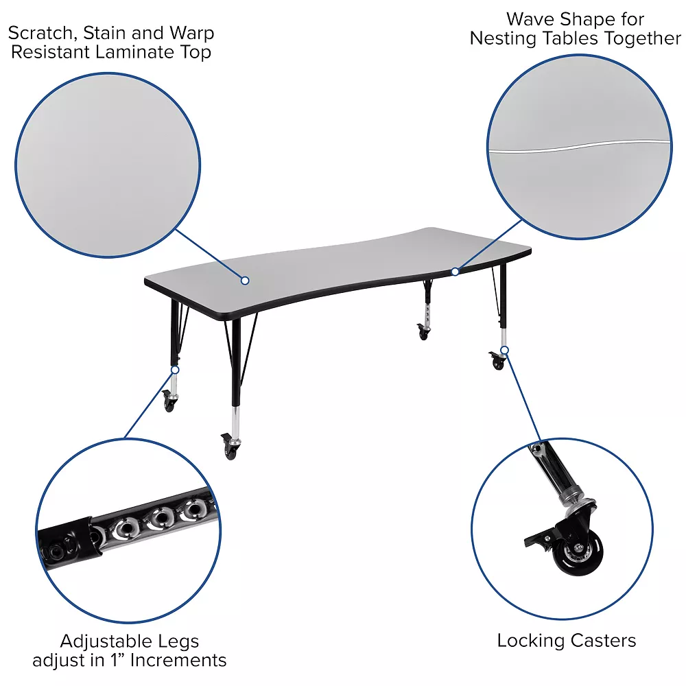 Emma And Oliver Mobile 26"W X 60"L Wave Flexible Collaborative Grey Kids Adjustable Activity Table 5 Emma And Oliver Mobile 26"W X 60"L Wave Flexible Collaborative Grey Kids Adjustable Activity Table - Image 3