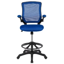 Emma And Oliver Mid-Back Blue Mesh Ergonomic Drafting Chair With Foot Ring And Flip-Up Arms -Home furnishings 5985019 ALT3