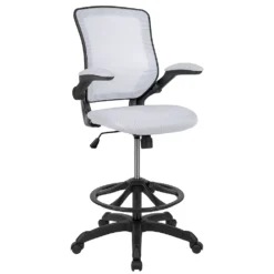 Emma And Oliver Mid-Back Blue Mesh Ergonomic Drafting Chair With Foot Ring And Flip-Up Arms