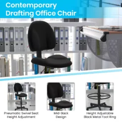 Emma And Oliver Black Fabric Drafting Chair (Cylinders: 22.5"-27"H, 26"-30.5"H) -Home furnishings 5985034 ALT2