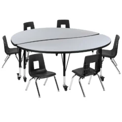 Emma And Oliver Mobile 60" Circle Wave Activity Table Set-12" Student Stack Chairs, Oak/Black