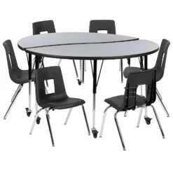 Emma And Oliver Mobile 60" Circle Wave Activity Table Set-16" Student Stack Chairs, Oak/Black
