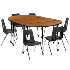 Emma And Oliver Mobile 76" Oval Wave Activity Table Set-16" Student Stack Chairs, Oak/Black