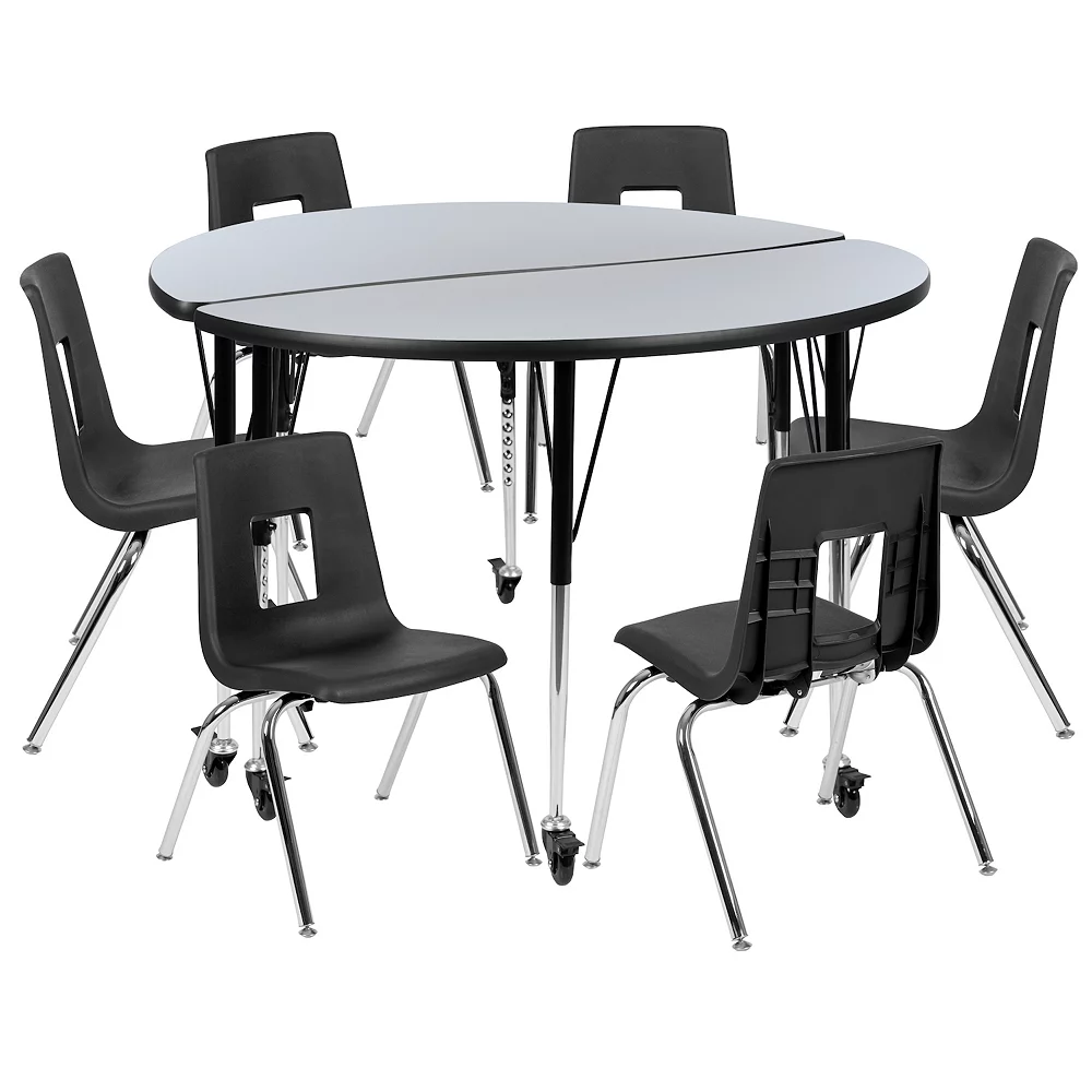 Emma And Oliver Mobile 47.5" Circle Wave Activity Table Set-16" Student Stack Chairs, Grey/Black 3 Emma And Oliver Mobile 47.5" Circle Wave Activity Table Set-16" Student Stack Chairs, Grey/Black