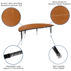 Emma And Oliver 60" Circle Wave Activity Table Set With 12" Student Stack Chairs, Oak/Black -Home furnishings 5985559 ALT2