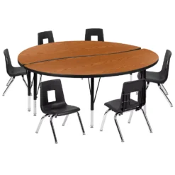 Emma And Oliver 60" Circle Wave Activity Table Set With 12" Student Stack Chairs, Oak/Black