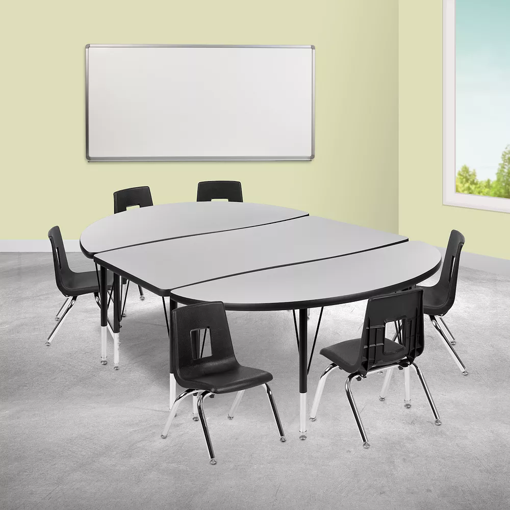 Emma And Oliver 76" Oval Wave Activity Table Set With 14" Student Stack Chairs, Oak/Black 4 Emma And Oliver 76" Oval Wave Activity Table Set With 14" Student Stack Chairs, Oak/Black - Image 2