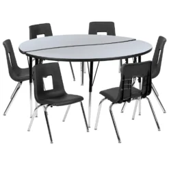 Emma And Oliver 60" Circle Wave Activity Table Set With 16" Student Stack Chairs, Grey/Black