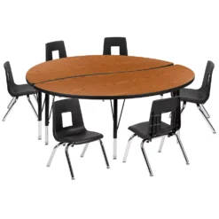 Emma And Oliver 60" Circle Wave Activity Table Set With 14" Student Stack Chairs, Oak/Black