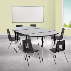 Emma And Oliver Mobile 76" Oval Wave Activity Table Set-18" Student Stack Chairs, Grey/Black -Home furnishings 5985565 ALT