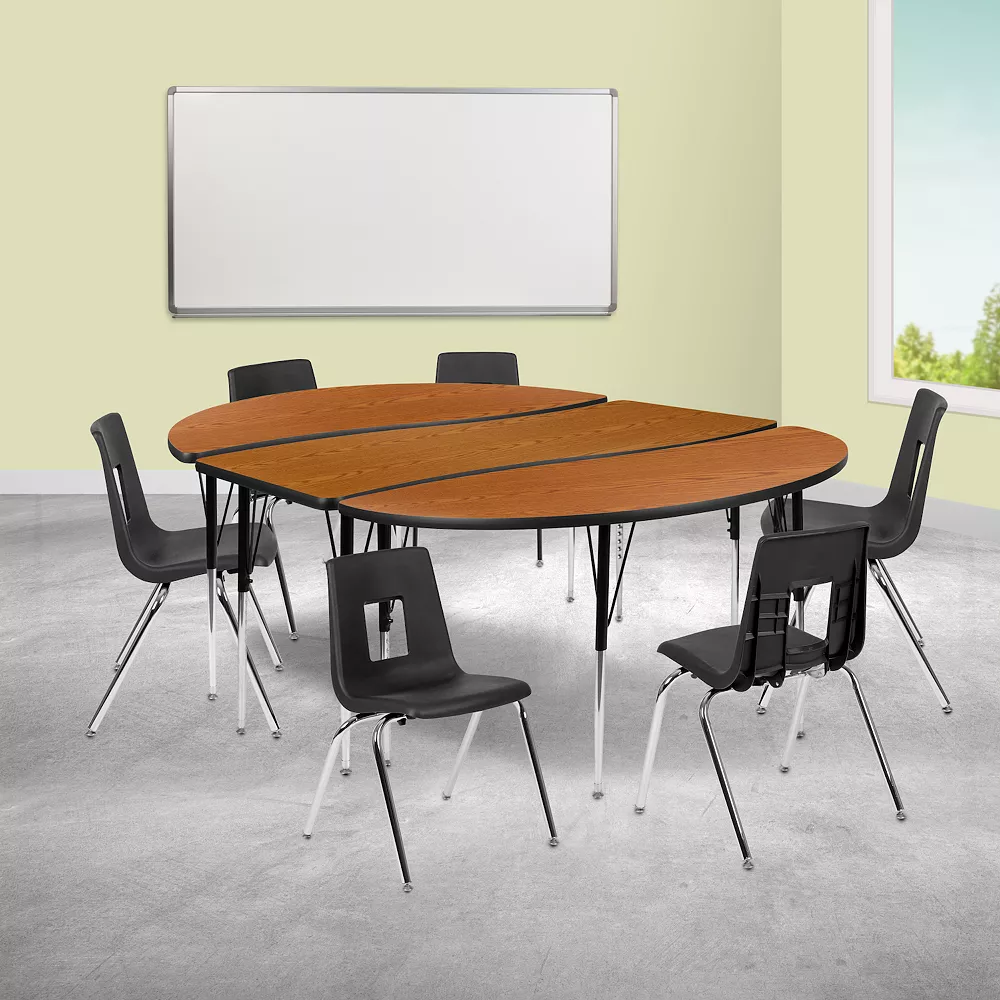 Emma And Oliver 86" Oval Wave Activity Table Set With 18" Student Stack Chairs, Oak/Black 4 Emma And Oliver 86" Oval Wave Activity Table Set With 18" Student Stack Chairs, Oak/Black - Image 2