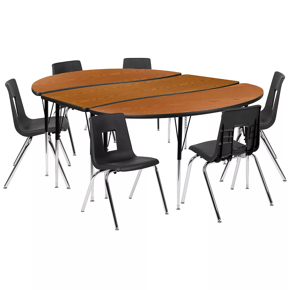 Emma And Oliver 86" Oval Wave Activity Table Set With 18" Student Stack Chairs, Oak/Black 3 Emma And Oliver 86" Oval Wave Activity Table Set With 18" Student Stack Chairs, Oak/Black