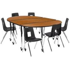 Emma And Oliver Mobile 86" Oval Wave Activity Table Set-18" Student Stack Chairs, Grey/Black