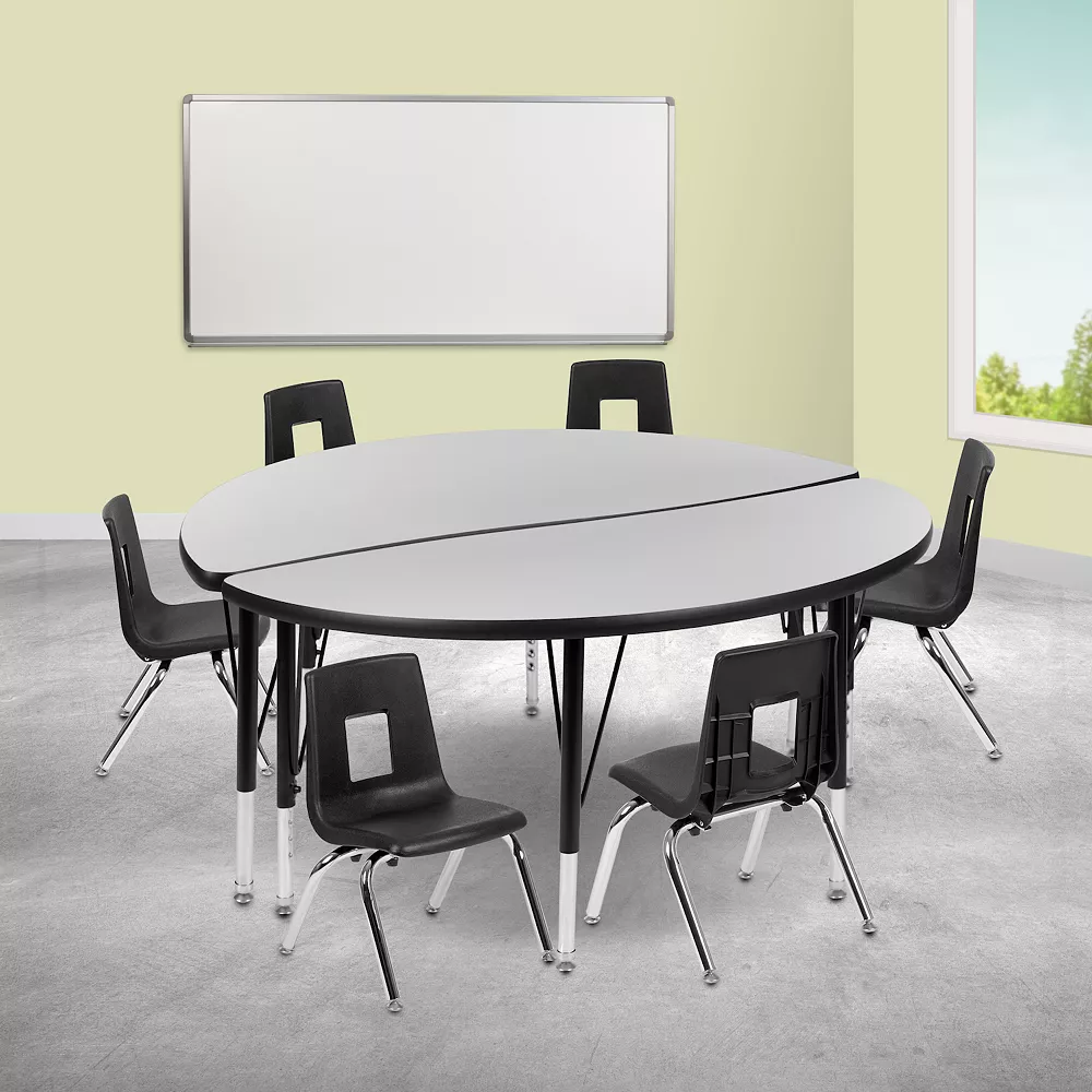 Emma And Oliver 47.5" Circle Wave Activity Table Set With 14" Student Stack Chairs, Oak/Black 4 Emma And Oliver 47.5" Circle Wave Activity Table Set With 14" Student Stack Chairs, Oak/Black - Image 2