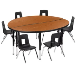 Emma And Oliver 47.5" Circle Wave Activity Table Set With 14" Student Stack Chairs, Oak/Black