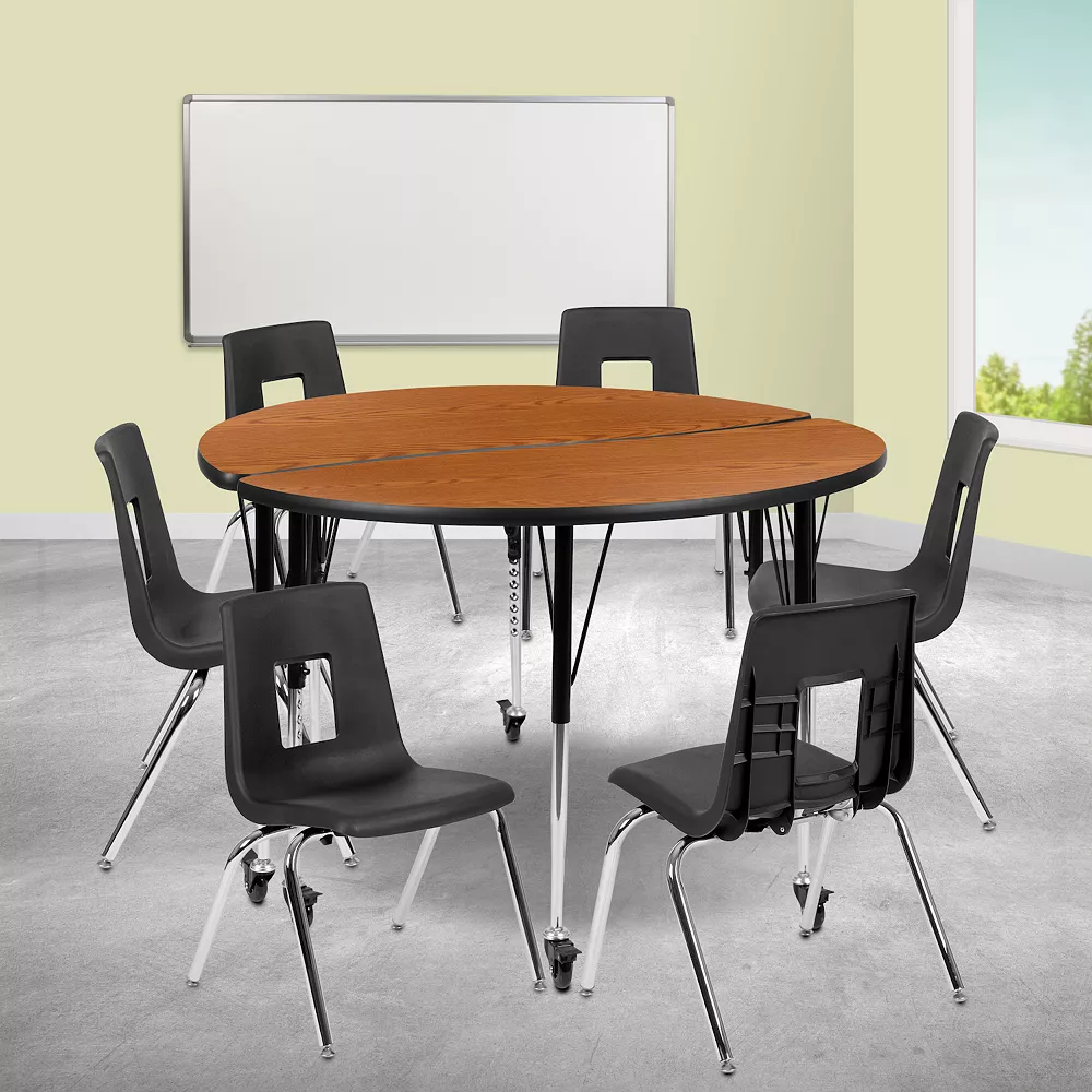 Emma And Oliver Mobile 47.5" Circle Wave Activity Table Set-18" Student Stack Chairs, Grey/Black 3 Emma And Oliver Mobile 47.5" Circle Wave Activity Table Set-18" Student Stack Chairs, Grey/Black - Image 2