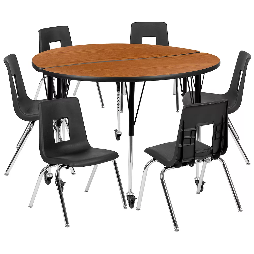 Emma And Oliver Mobile 47.5" Circle Wave Activity Table Set-18" Student Stack Chairs, Grey/Black 2 Emma And Oliver Mobile 47.5" Circle Wave Activity Table Set-18" Student Stack Chairs, Grey/Black