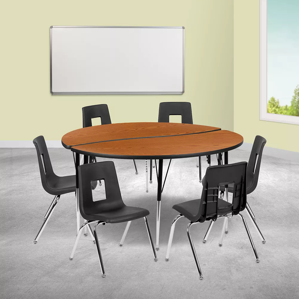 Emma And Oliver 60" Circle Wave Activity Table Set With 18" Student Stack Chairs, Grey/Black 4 Emma And Oliver 60" Circle Wave Activity Table Set With 18" Student Stack Chairs, Grey/Black - Image 2