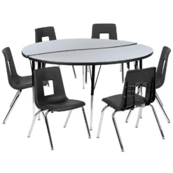 Emma And Oliver 60" Circle Wave Activity Table Set With 18" Student Stack Chairs, Grey/Black