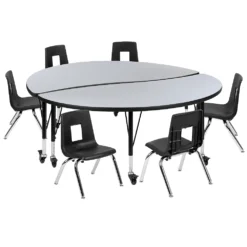 Emma And Oliver Mobile 60" Circle Wave Activity Table Set-14" Student Stack Chairs, Grey/Black