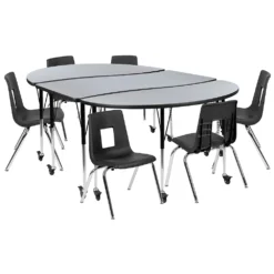 Emma And Oliver Mobile 86" Oval Wave Activity Table Set-16" Student Stack Chairs, Oak/Black