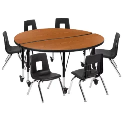 Emma And Oliver Mobile 47.5" Circle Wave Activity Table Set-14" Student Stack Chairs, Oak/Black