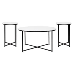 Emma And Oliver Marble Finish Table Set With Brushed Gold X Metal Frame-Coffee Table-2 End Tables