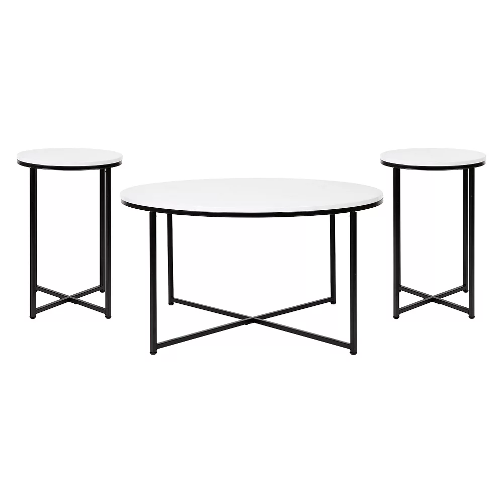 Emma And Oliver Marble Finish Table Set With Brushed Gold X Metal Frame-Coffee Table-2 End Tables 3 Emma And Oliver Marble Finish Table Set With Brushed Gold X Metal Frame-Coffee Table-2 End Tables