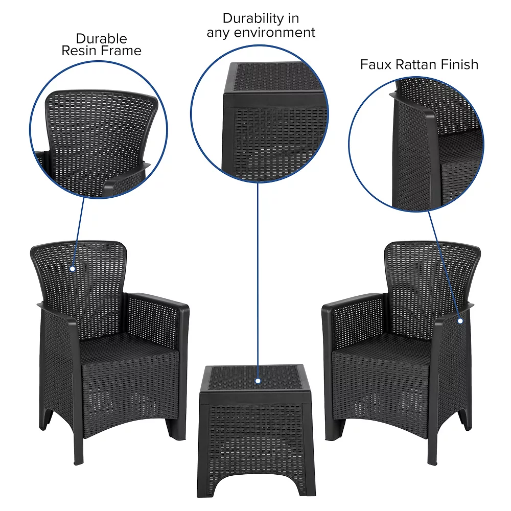 Emma And Oliver Dark Gray Faux Rattan Plastic Chair Set With Matching Side Table 5 Emma And Oliver Dark Gray Faux Rattan Plastic Chair Set With Matching Side Table - Image 3