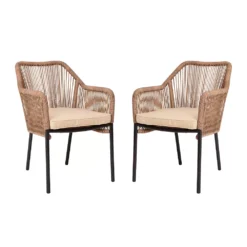 Emma And Oliver Talmadge Natural Woven All-Weather Outdoor Two-Piece Club Chair Set With Coordinating Ivory Cushions For Porch, Backyard And Patio