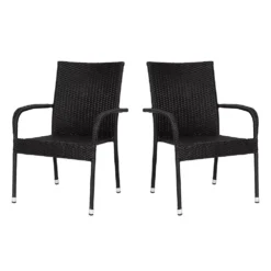 Emma And Oliver Sala Stacking All-Weather Black Wicker Wrapped Powder Coated Steel Patio Club Chair For Indoor And Outdoor Use - Set Of 2