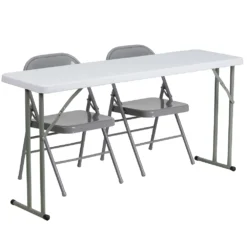 Emma And Oliver 5-Foot Plastic Folding Training Table Set With 2 Gray Metal Folding Chairs