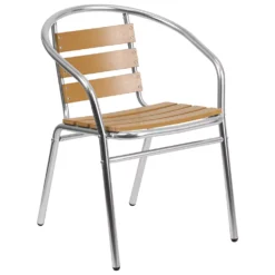 Emma And Oliver Aluminum Indoor-Outdoor Stack Chair W/ Triple Slat Faux Teak Back