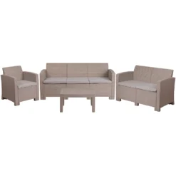 Emma And Oliver 4PC Outdoor Faux Rattan Chair,Loveseat,Sofa & Table Set-Light Gray