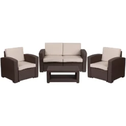 Emma And Oliver 4PC Chocolate Brown Outdoor Faux Rattan Chair,Loveseat & Table Set